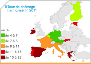 Carte Pays de la zone euro : Taux de chômage harmonisé fin 2011