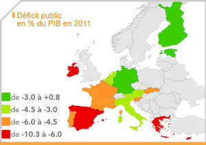 Carte Pays de la zone euro : Déficit public en % du PIB en 2011