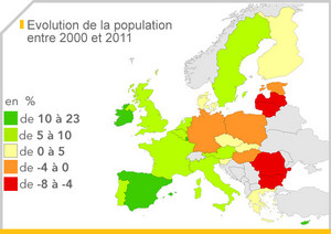 Evolution de la population  entre 2000 et 2011 carte Zone euro