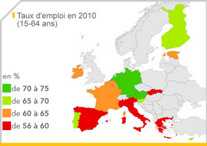 Carte zone euro : Taux d’emploi en 2010 (15-64 ans)