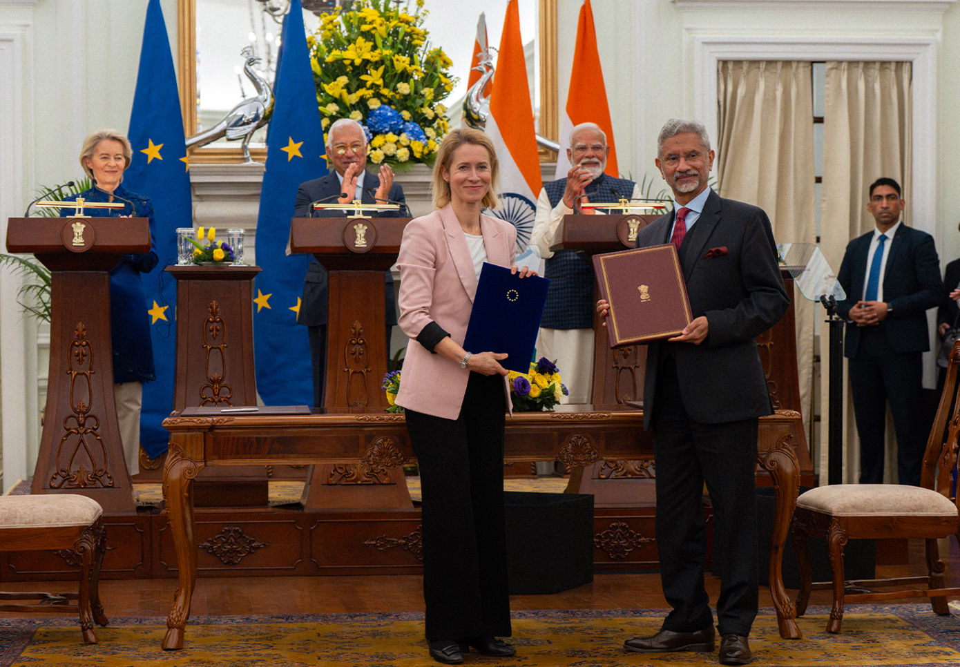 Kaja Kallas lors d'une cérémonie de signature à Hyderabad House, à New Delhi, en Inde, Photographe : Mukherjee Anindito, CE Audiovisual Service