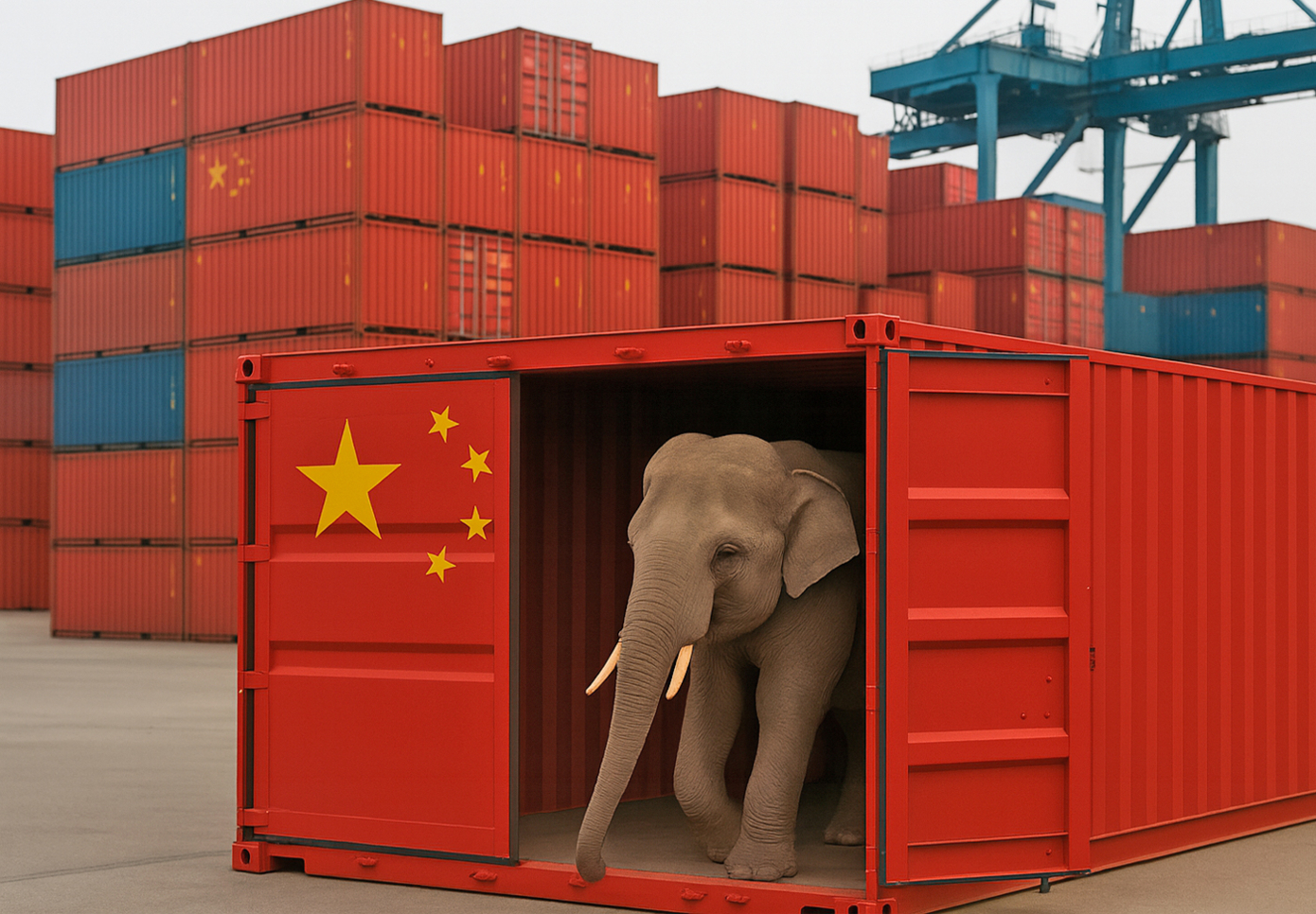 éléphant sortant d'un container chinois (image générée par IA)