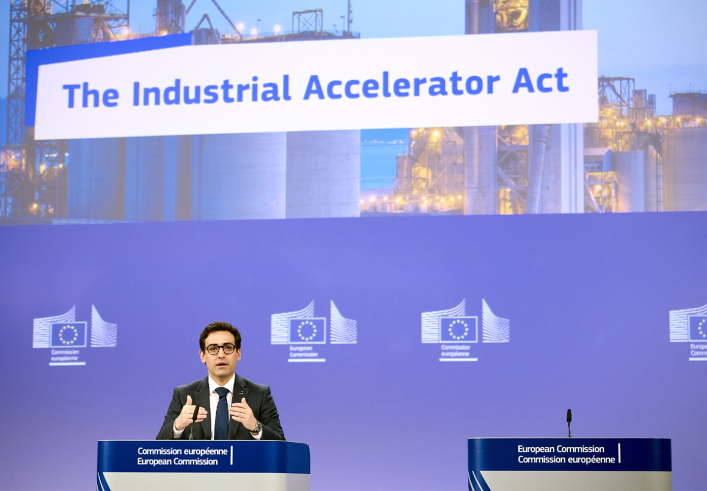 Stéphane Séjourné, vice-président exécutif de la Commission européenne chargé de la Prospérité et de la Stratégie industrielle, conférence de presse  sur la loi sur l'Accélérateur industriel (photo copyright CE audiovisual service, photographe : Claudio Centon),