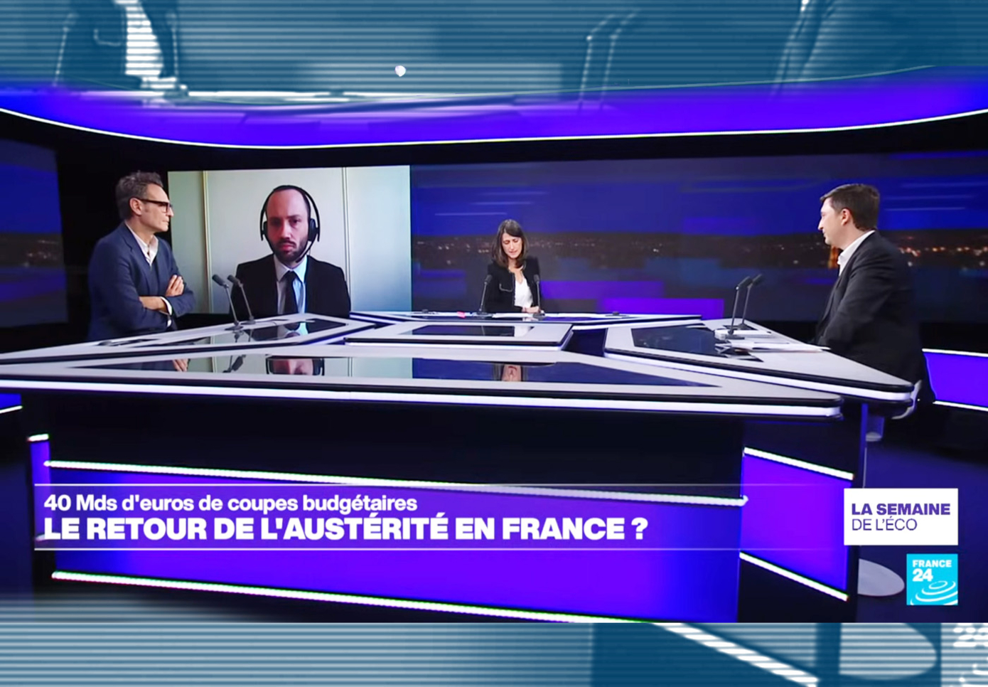 Capture d'écran France 24 -  Karina CHABOUR, Eric HEYER, Olivier REDOULÈS, Andreas EISL