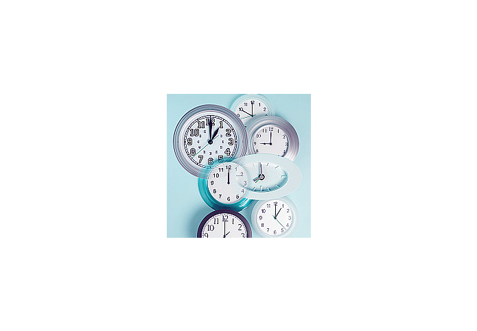 Different layered clocks on wall, close-up, George Diebold, Getty Images, Photodisc