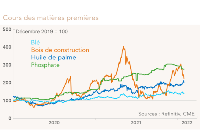 Cours des matières premières: huile de palme, charbon, blé, engrais (phosphate), bois (graphique)