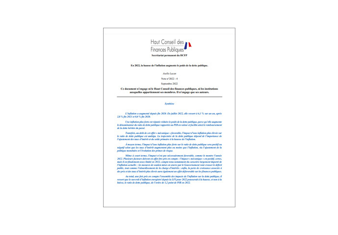 Haut Conseil des Finances Publiques – Note d’étude N.2022-4 du 9 septembre 2022