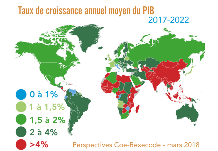 Taux de croissance annuel moyen du PIB 2017-2022 (carte du monde)