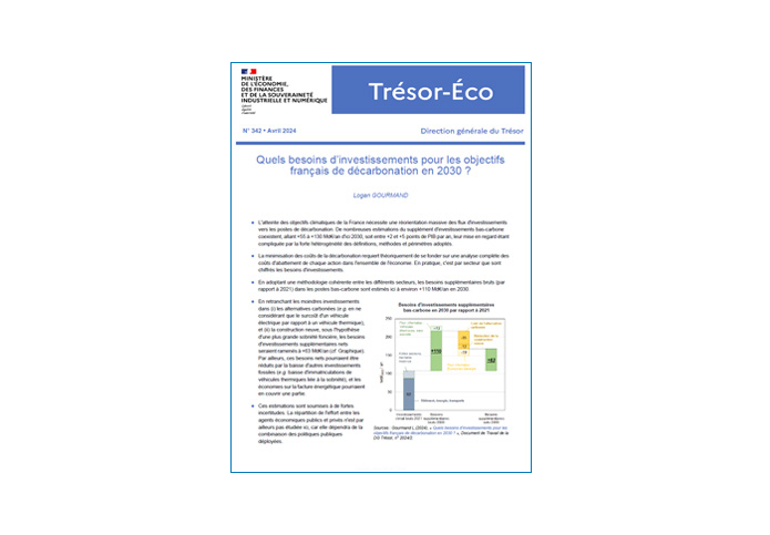Quels besoins d’investissements pour les objectifs français de décarbonation en 2030 ? DG Trésor N. 342 (avril 2024)
