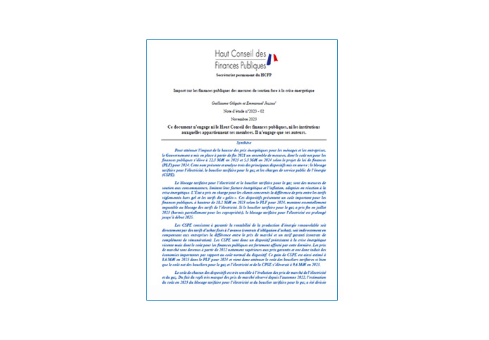 Impact sur les finances publiques des mesures de soutien face à la crise énergétique - Haut Conseil des Finances Publiques, 27 novembre 2023