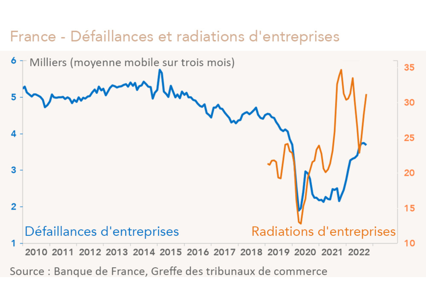 France - Défaillances et radiations d'entreprises (graphique Rexecode)